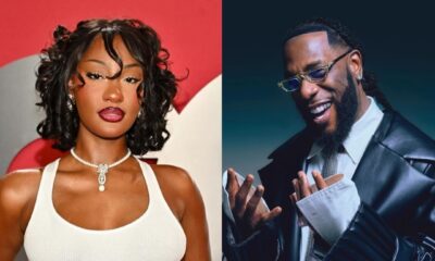 Tems wearing a white corset top with a pearl necklace alongside Burna Boy in a black leather coat and sunglasses