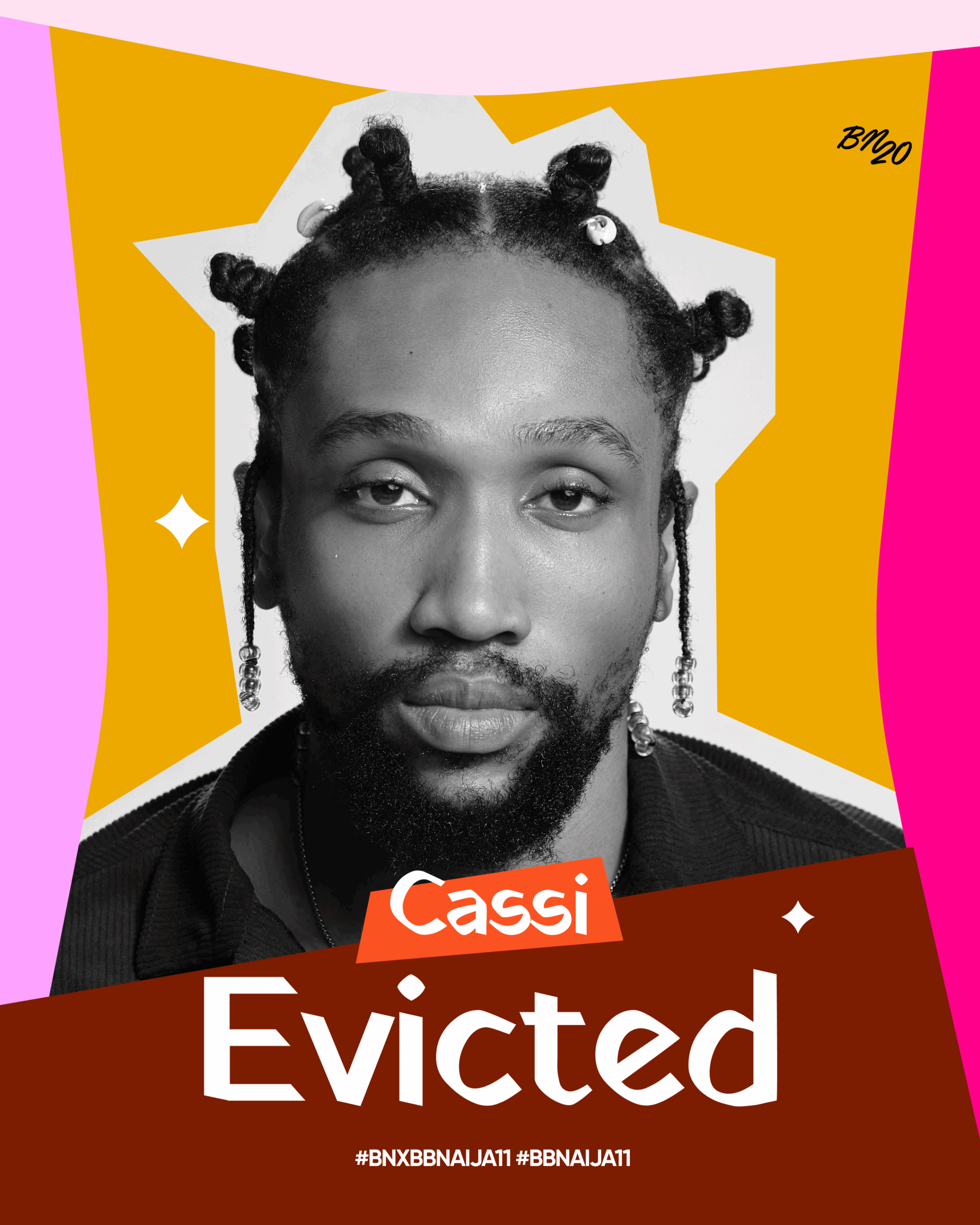 BBNaija Season 11 evicted housemate Cassi Ezenwoke Nwosu on a graphic yellow and pink background banner.