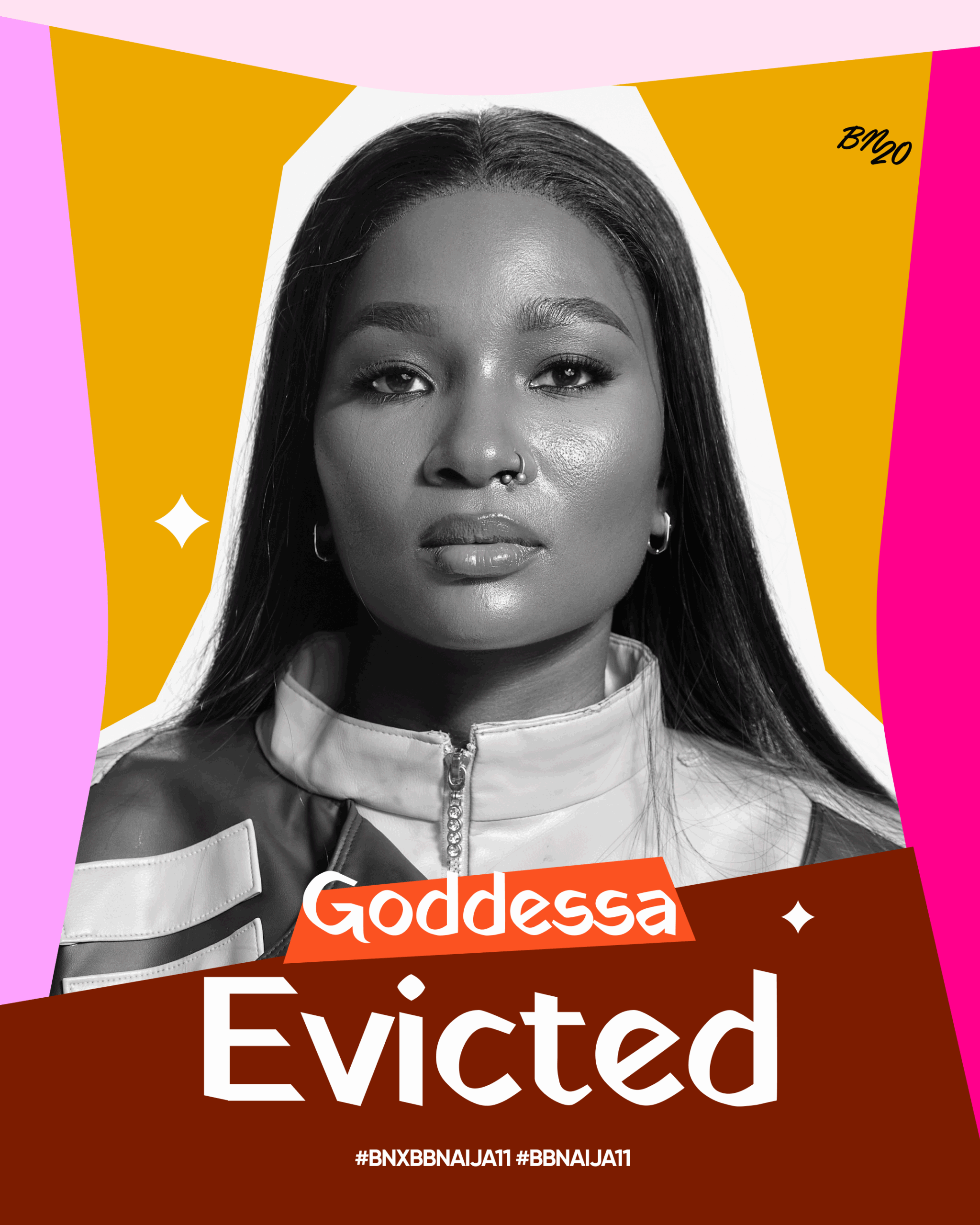 BBNaija Season 11 eviction graphic for Goddessa Goddess Offodile featuring the text Evicted.