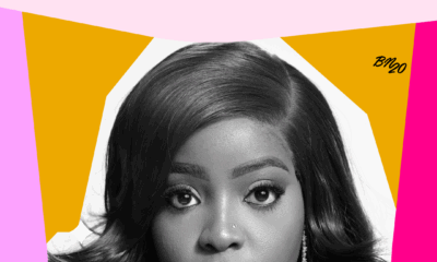 Black and white portrait of evicted BBNaija Season 11 housemate Kamsy on a colourful graphic background with text reading "Kamsy Evicted".