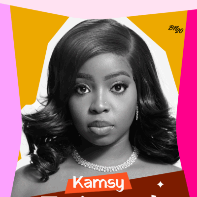 Black and white portrait of evicted BBNaija Season 11 housemate Kamsy on a colourful graphic background with text reading "Kamsy Evicted".