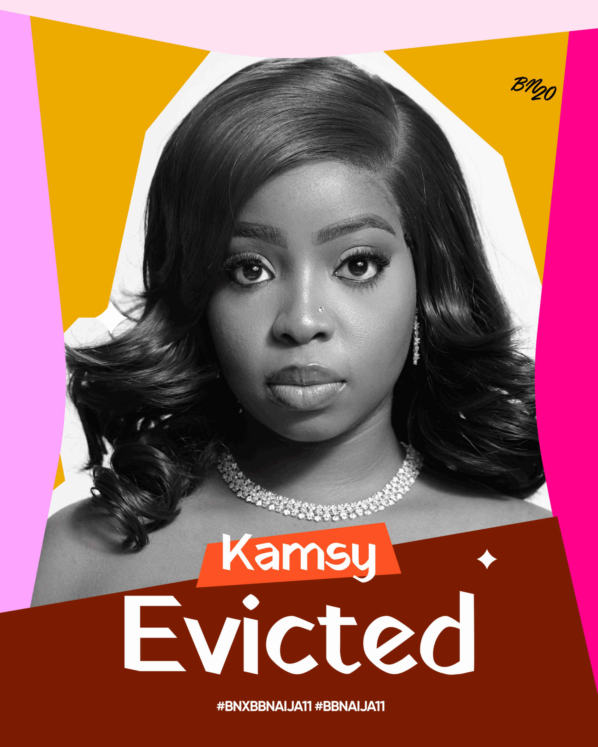 Black and white portrait of evicted BBNaija Season 11 housemate Kamsy on a colourful graphic background with text reading "Kamsy Evicted".