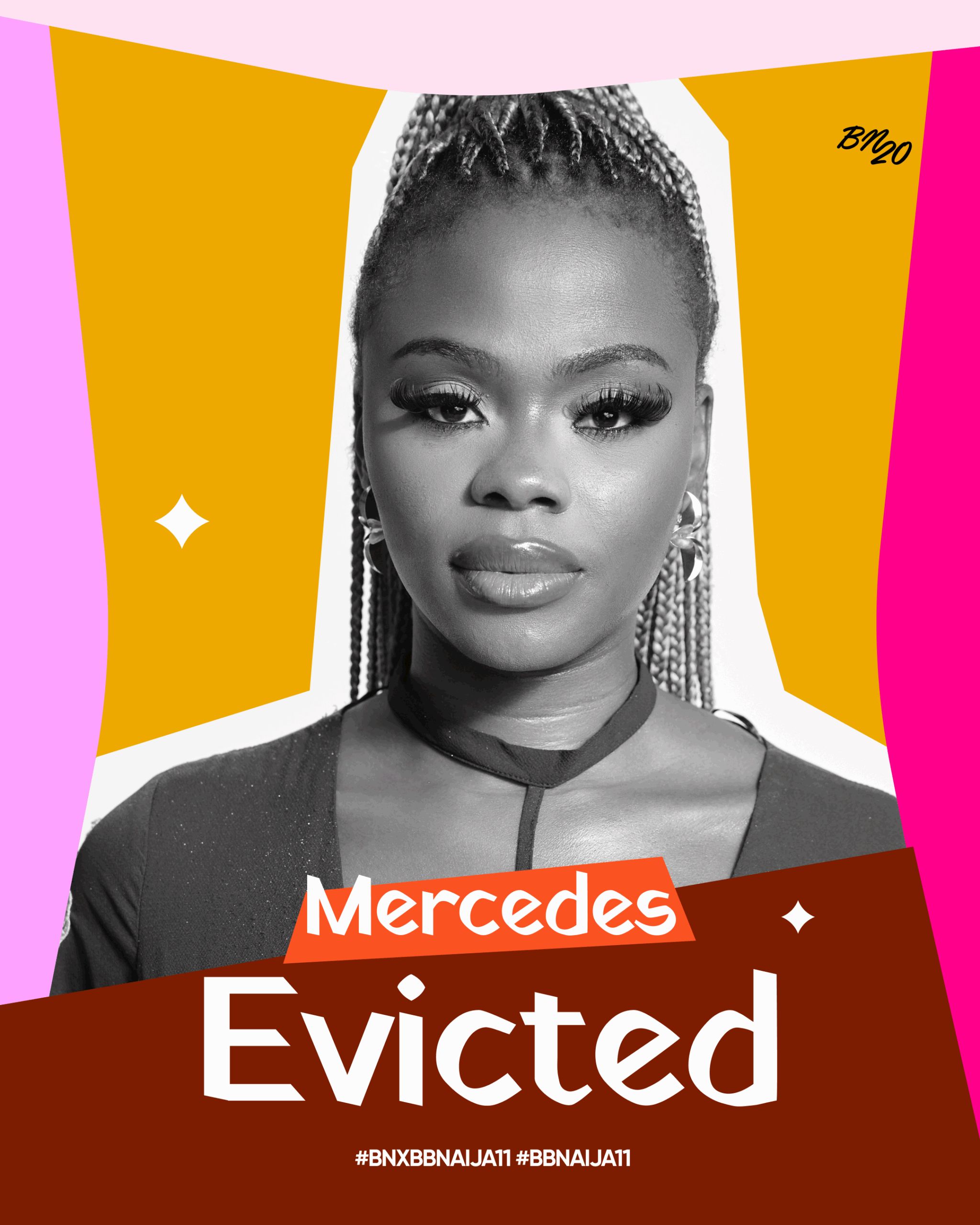 Black and white portrait graphic of Mercedes with red banner text reading "Mercedes Evicted" for Big Brother Naija Season 11.