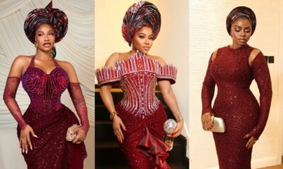 Tacha, Veekee James, and Prudent Gabriel wearing deep burgundy and crimson sequined traditional asoebi gowns at Peller and Jarvis' traditional wedding.