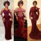 Tacha, Veekee James, and Prudent Gabriel wearing deep burgundy and crimson sequined traditional asoebi gowns at Peller and Jarvis' traditional wedding.