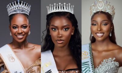 Romanda Hombir (Miss World South Africa 2026), Fatoumata Diop (Miss World Senegal 2026), and Tamunosoye Karibi-George (Miss World Nigeria 2026) in official crowns and sashes.