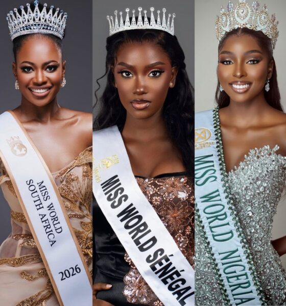 Romanda Hombir (Miss World South Africa 2026), Fatoumata Diop (Miss World Senegal 2026), and Tamunosoye Karibi-George (Miss World Nigeria 2026) in official crowns and sashes.