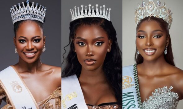 Romanda Hombir (Miss World South Africa 2026), Fatoumata Diop (Miss World Senegal 2026), and Tamunosoye Karibi-George (Miss World Nigeria 2026) in official crowns and sashes.