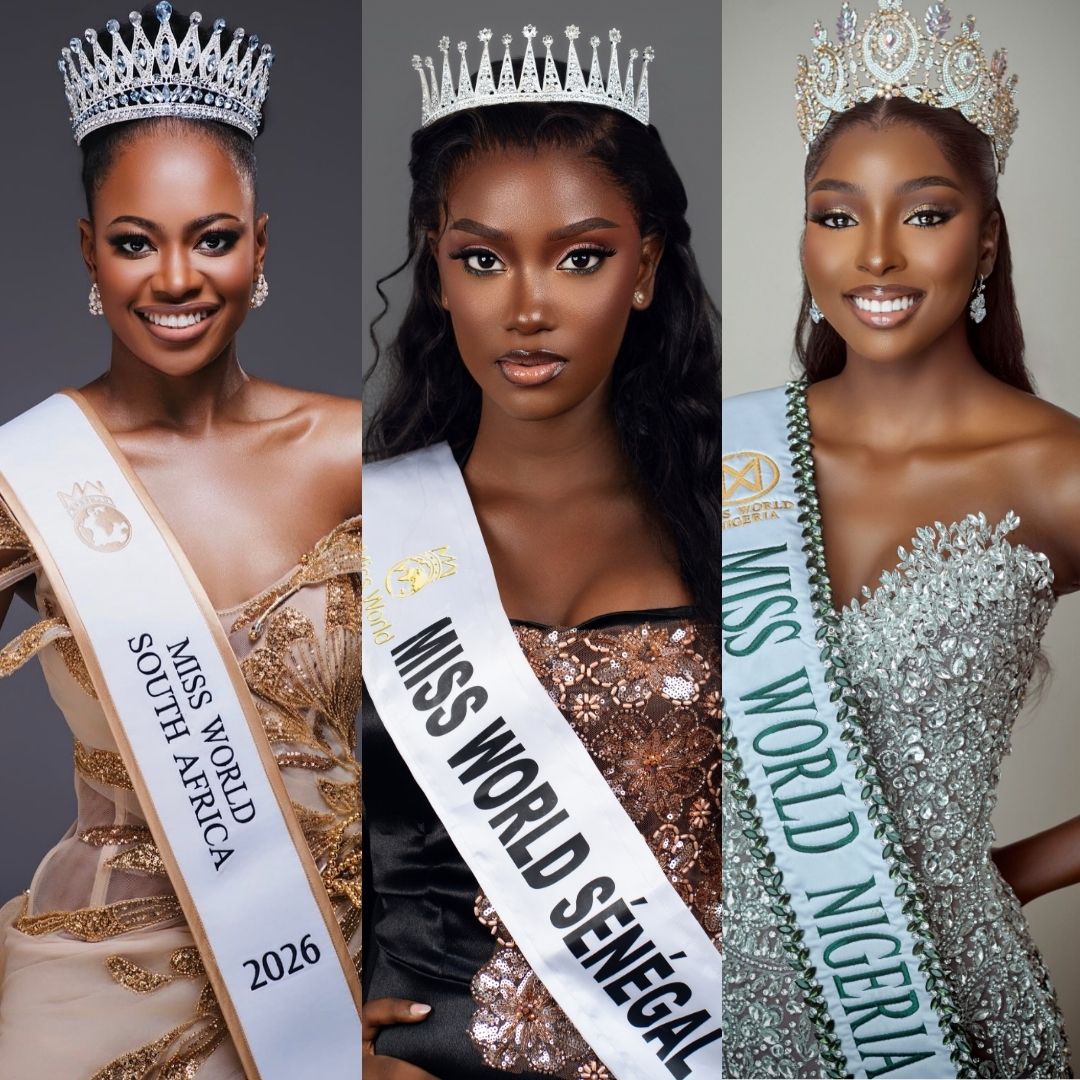Romanda Hombir (Miss World South Africa 2026), Fatoumata Diop (Miss World Senegal 2026), and Tamunosoye Karibi-George (Miss World Nigeria 2026) in official crowns and sashes.