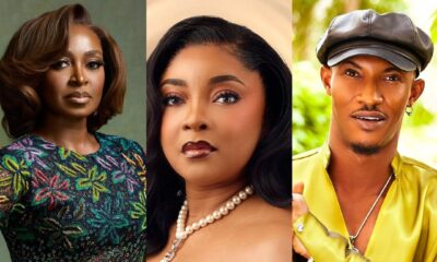 Split poster featuring Kate Henshaw, Linda Ejiofor-Suleiman, and Gideon Okeke starring in Bobo Omotayo's London Life Lagos Living stage play.