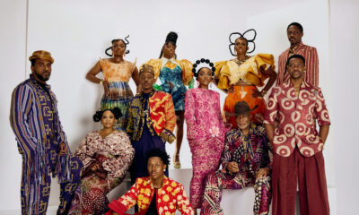 Funke Akindele, Bisola Aiyeola, Chioma Akpotha, Waje, RMD, and Timini Egbuson in structured Adire outfits.