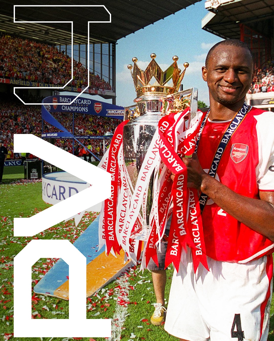 Arsenal captain Patrick Vieira lifting the Premier League trophy at Highbury