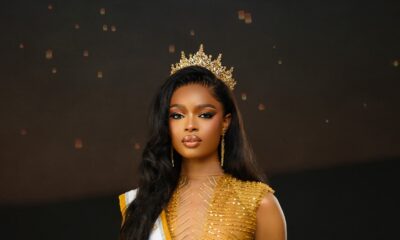 Gift Eno Ndah wearing a tiara, official sash, and gold sequined dress as Miss Supranational Nigeria 2026.