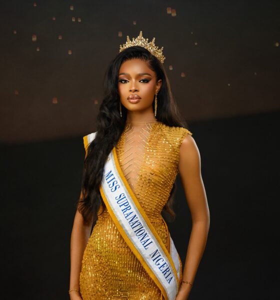 Gift Eno Ndah wearing a tiara, official sash, and gold sequined dress as Miss Supranational Nigeria 2026.