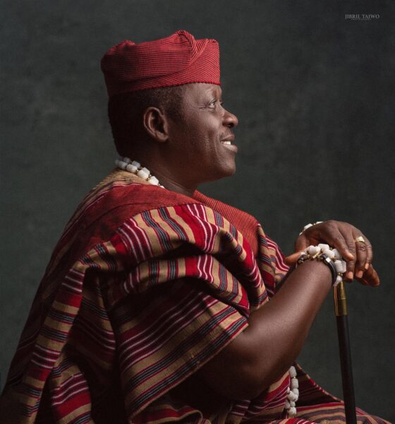 Profile view of pioneer Nollywood actor Taiwo Hassan Ogogo in traditional Aso-Oke Agbada.