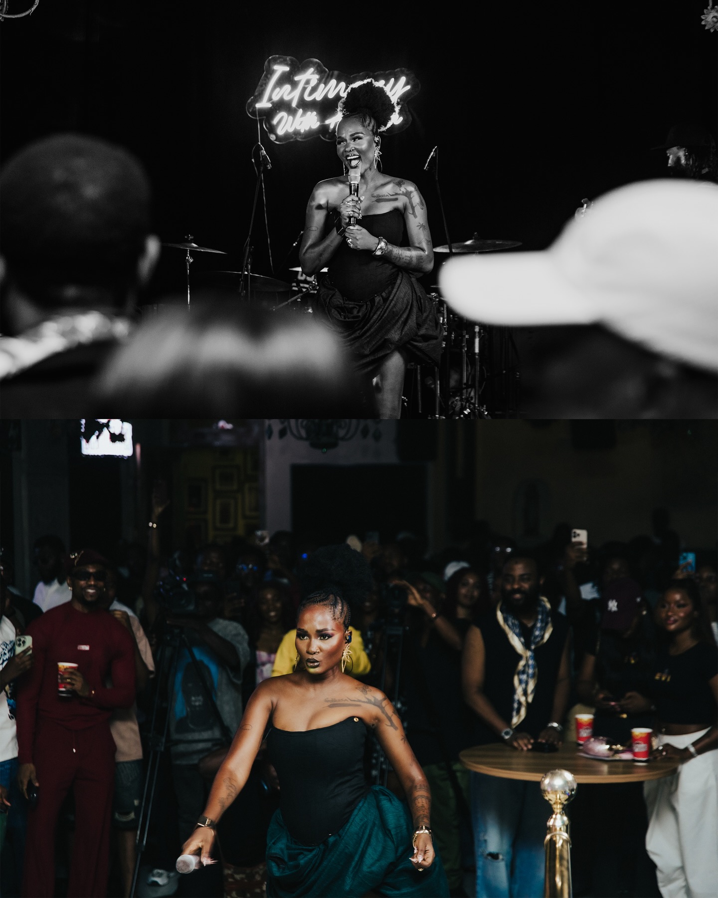 Goddessa performing on stage with a microphone in a strapless black top before Big Brother Naija Season 11.