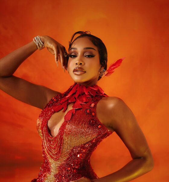 Uche Montana wearing a red and gold feathered Tubo dress at the 2026 AMVCA.
