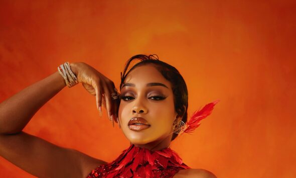 Uche Montana wearing a red and gold feathered Tubo dress at the 2026 AMVCA.
