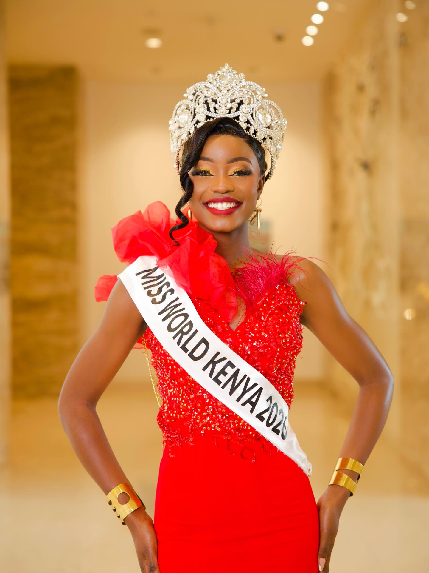 Trizah Muhenje Akala in her crown and official sash as Miss World Kenya 2026.