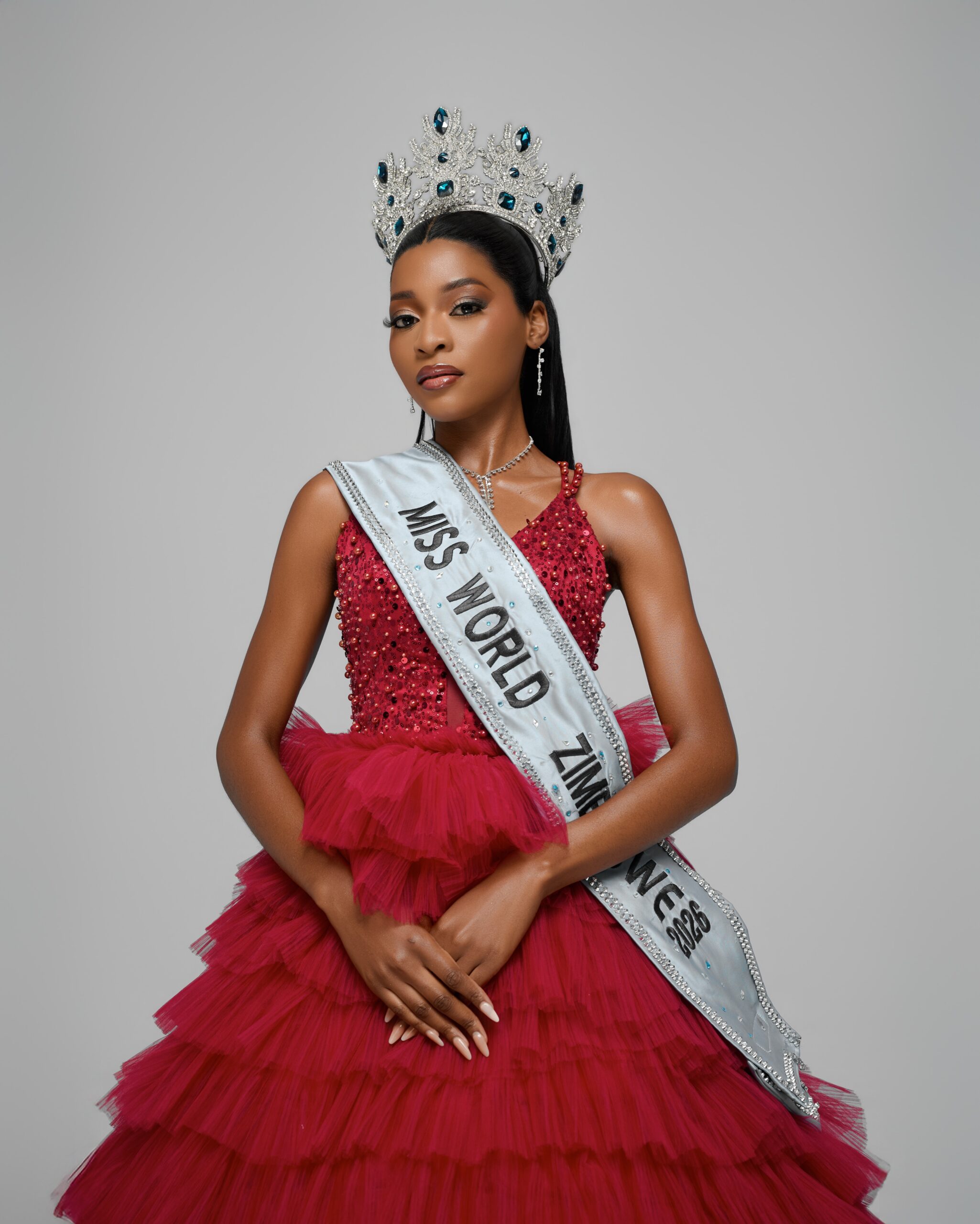 Brunette Makanyiso in her crown and official sash as Miss World Zimbabwe 2026.