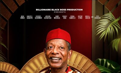 Official movie poster for Ikenga: The Last Festival starring Nkem Owoh wearing a red chieftaincy cap and leopard-print isiagu attire.