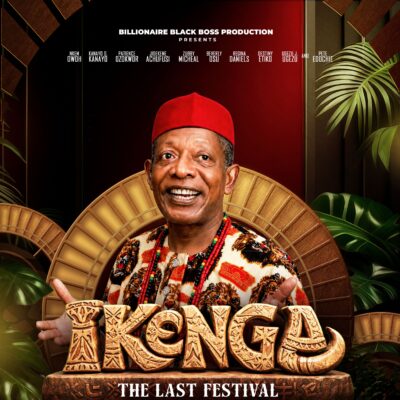 Official movie poster for Ikenga: The Last Festival starring Nkem Owoh wearing a red chieftaincy cap and leopard-print isiagu attire.