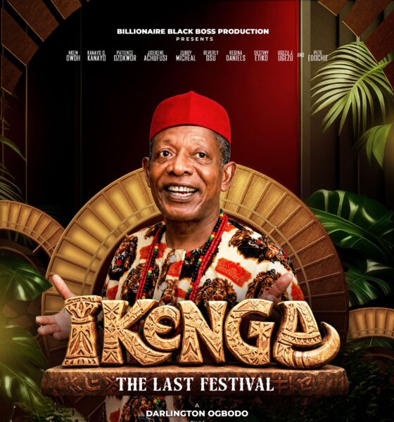 Official movie poster for Ikenga: The Last Festival starring Nkem Owoh wearing a red chieftaincy cap and leopard-print isiagu attire.