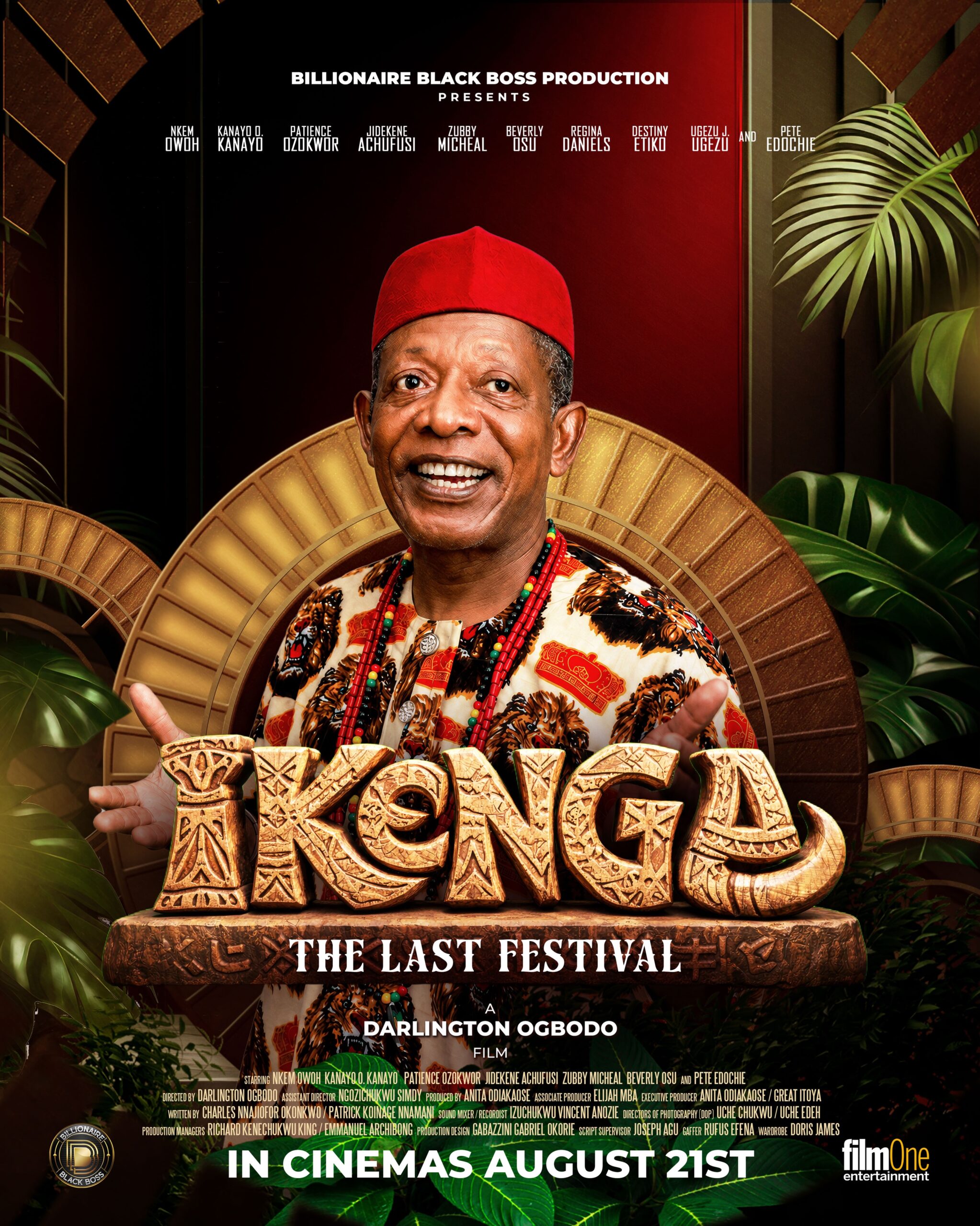 Official movie poster for Ikenga: The Last Festival starring Nkem Owoh wearing a red chieftaincy cap and leopard-print isiagu attire.