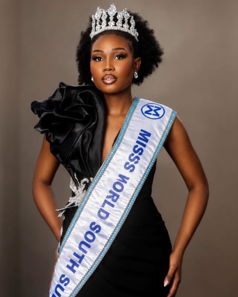 Nyandeng Kerubino Kuanyin Bol in her crown and official sash as Miss World South Sudan 2026.