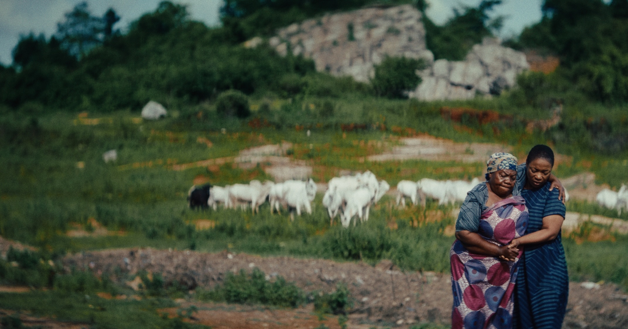 Lanre Hassan Adesina (Mama Awero) and Bimbo Akintola filming an outdoor scene in southwestern Nigeria for the movie Dear Ajayi.