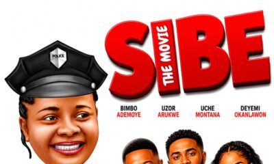 Official illustrated movie poster for Sibe showing caricatures of Bimbo Ademoye in a police uniform alongside Uzor Arukwe, Deyemi Okanlawon, and Uche Montana.