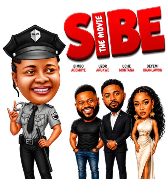 Official illustrated movie poster for Sibe showing caricatures of Bimbo Ademoye in a police uniform alongside Uzor Arukwe, Deyemi Okanlawon, and Uche Montana.