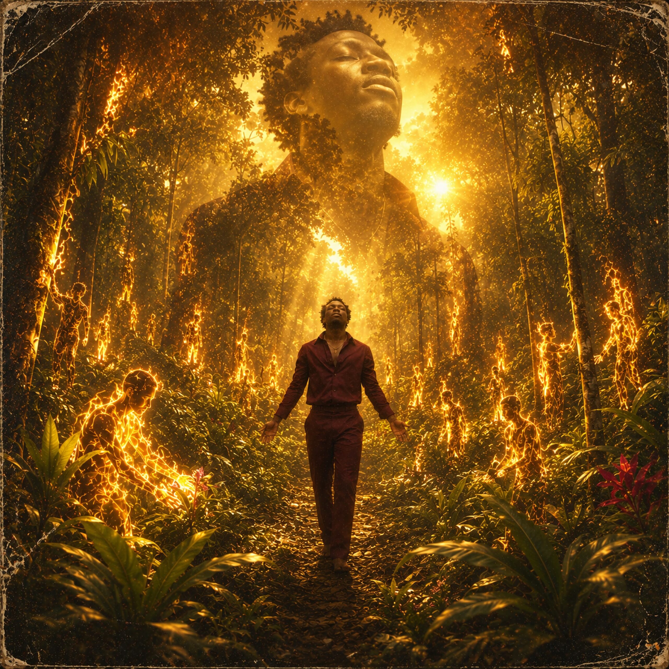 Greatman Takit standing in a golden glowing forest for Flames Of A Wildfire album cover