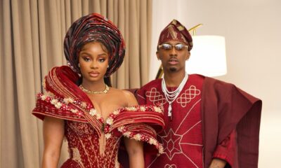 Priscilla Ojo in Lasosa By Pam Pam dress and Juma Jux in Deji and Kola Agbada attending Peller and Jarvis wedding.