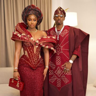 Priscilla Ojo in Lasosa By Pam Pam dress and Juma Jux in Deji and Kola Agbada attending Peller and Jarvis wedding.