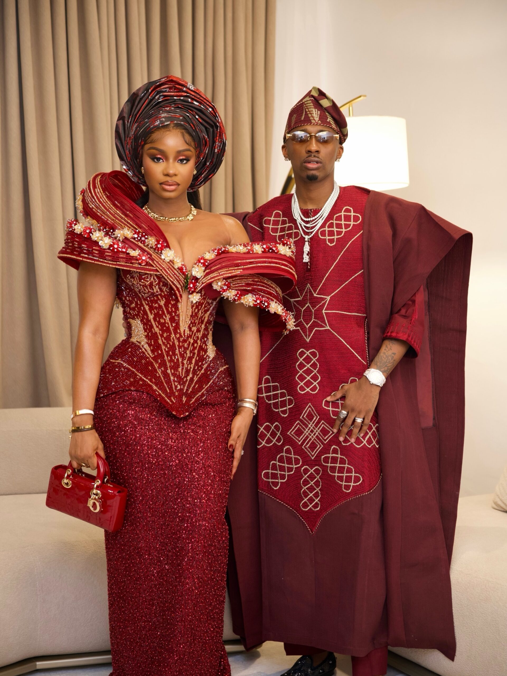 Priscilla Ojo in Lasosa By Pam Pam dress and Juma Jux in Deji and Kola Agbada attending Peller and Jarvis wedding.