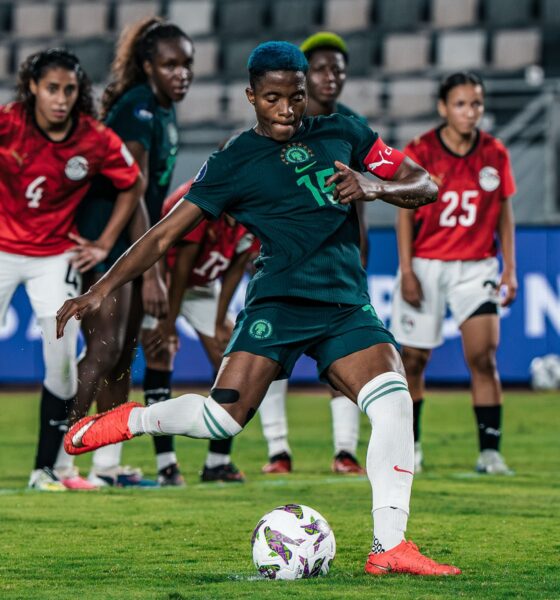 Rasheedat Ajibade kicking a penalty for Nigeria Super Falcons during the WAFCON 2026 match against Egypt in Rabat.