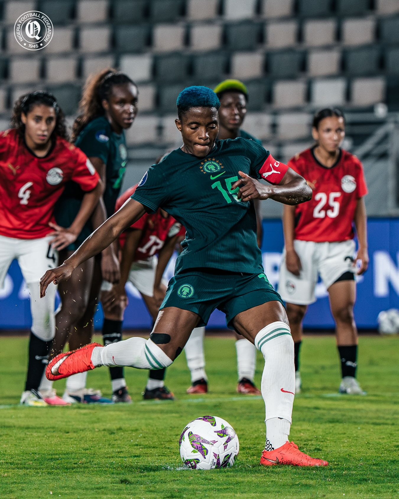 Rasheedat Ajibade kicking a penalty for Nigeria Super Falcons during the WAFCON 2026 match against Egypt in Rabat.