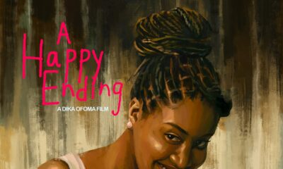 Illustrated official film poster for Dika Ofoma's A Happy Ending featuring two women with Zikoko and Bluhouse Studios branding.