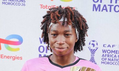 Michaely Bihina holding her TotalEnergies Woman of the Match award after Cameroon defeated Nigeria 1-0 in the WAFCON quarter-finals.