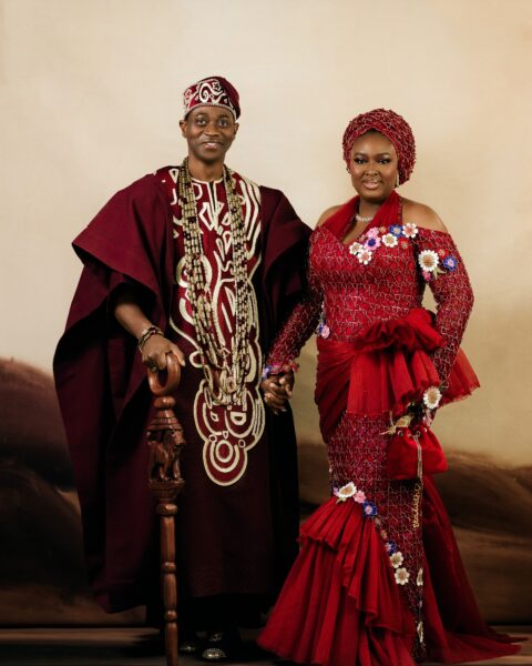 Mo Bimpe & Lateef Adedimeji Stepped Out in Stunning Burgundy Looks for Their Triplets’ Thanksgiving