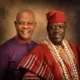 Digital photo collage of Yinka Quadri beside the late Nollywood actor Taiwo Hassan Ogogo.