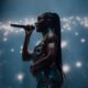 Ayra Starr performing live on stage at All Points East 2026 festival holding a microphone in a metallic silver two-piece outfit with a sleek ponytail.