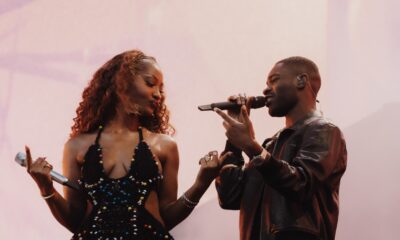 Tems performing live on stage with UK rapper Dave at All Points East festival in London.