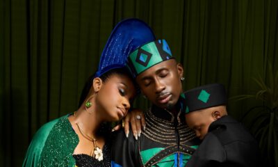 Priscilla Ojo resting her head on Juma Jux's shoulder as he holds their son Rakeem.