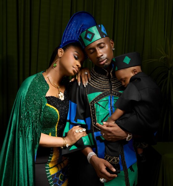 Priscilla Ojo resting her head on Juma Jux's shoulder as he holds their son Rakeem.