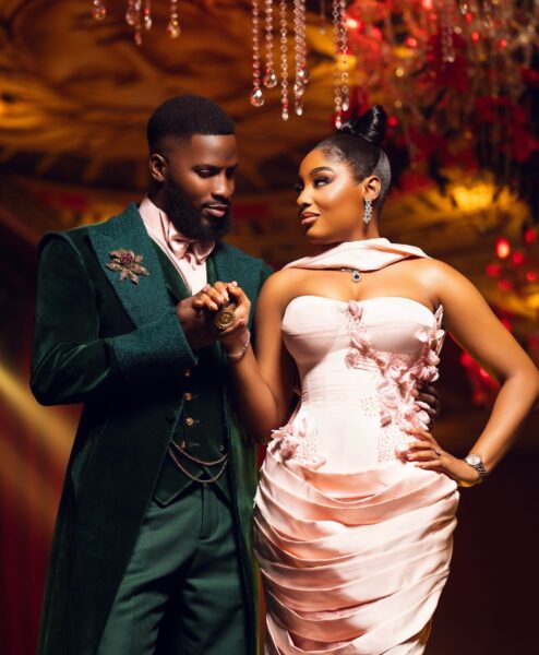 Akin Faminu & Kiky Festus Coordinate in Forest Green and Blush Pink for Their Pre-Wedding Shoot
