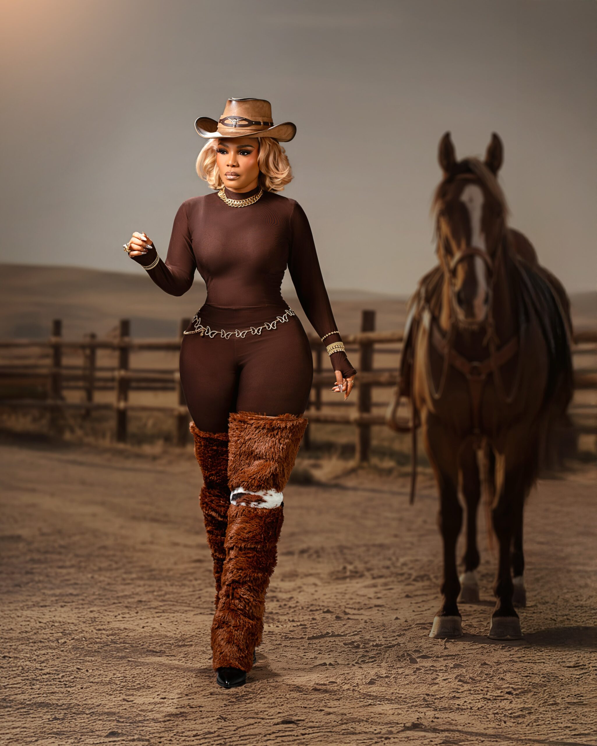 Iyabo Ojo holding brim of cowboy hat with floor-length cow-print fur coat train pooling on ground.
