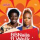 BBNaija Season 11 Week in Review graphic featuring two housemates against a red and orange floral background with the Minimie logo.