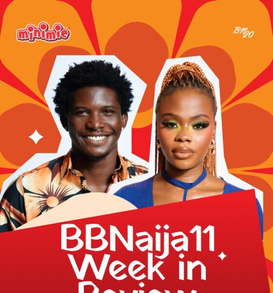 BBNaija Season 11 Week in Review graphic featuring two housemates against a red and orange floral background with the Minimie logo.
